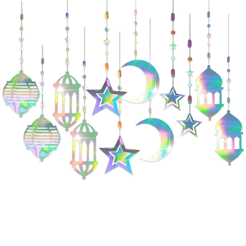 Pack of 12 Iridescent Lantern, Moon & Stars Hanging Mobile Decorations