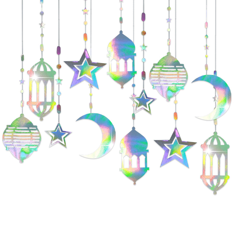 Pack of 12 Iridescent Lantern, Moon & Stars Hanging Mobile Decorations
