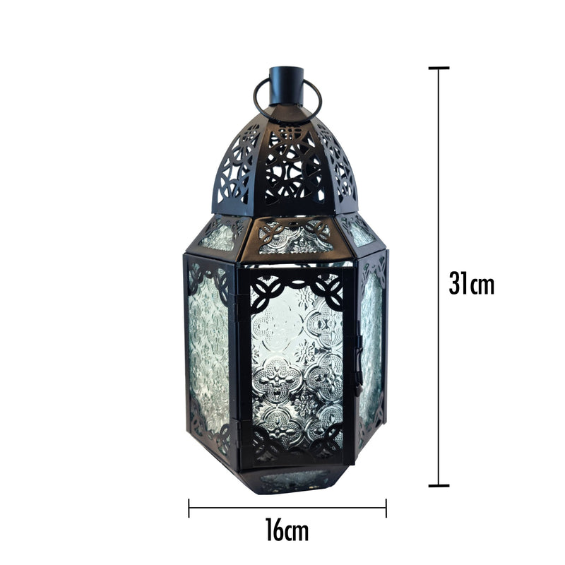 Antique Matte Black Metal & Patterned Glass Tea Light Candle Lantern (L22-15)