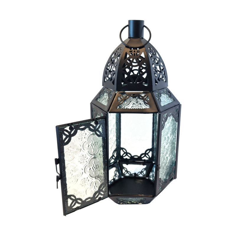 Antique Matte Black Metal & Patterned Glass Tea Light Candle Lantern (L22-15)