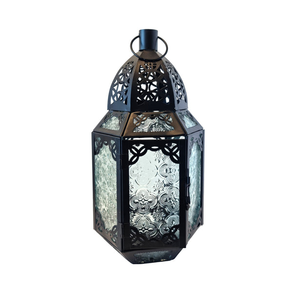 Antique Matte Black Metal & Patterned Glass Tea Light Candle Lantern (L22-15)