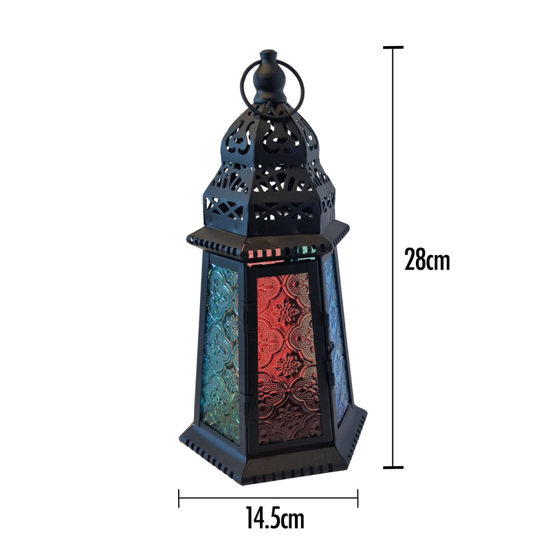 Antique Matte Black Metal & Multicolour Glass Tea Light Candle Lantern (L22-16)