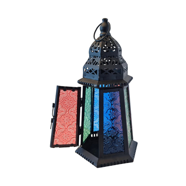 Antique Matte Black Metal & Multicolour Glass Tea Light Candle Lantern (L22-16)