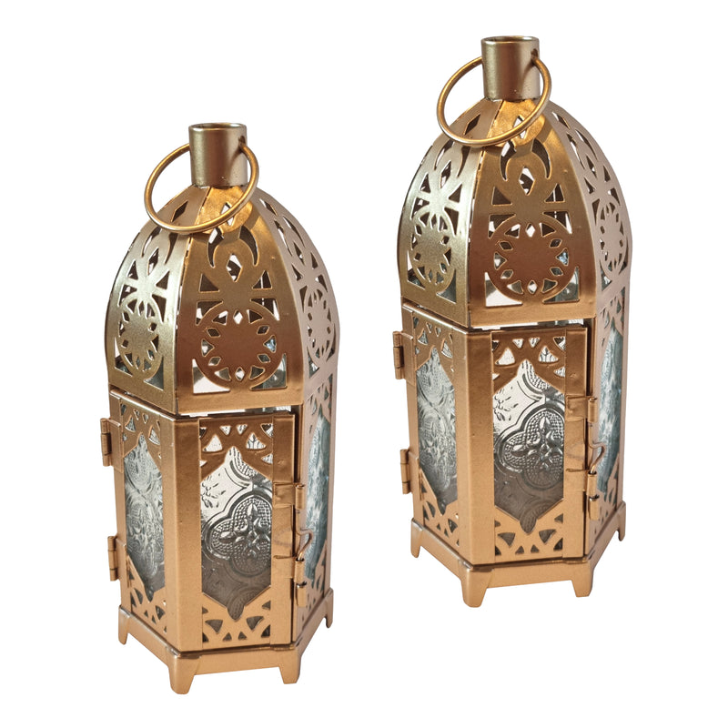 2 x Antique Matte Gold Metal & Multicolour Glass Tea Light Candle Lanterns (L22-19)