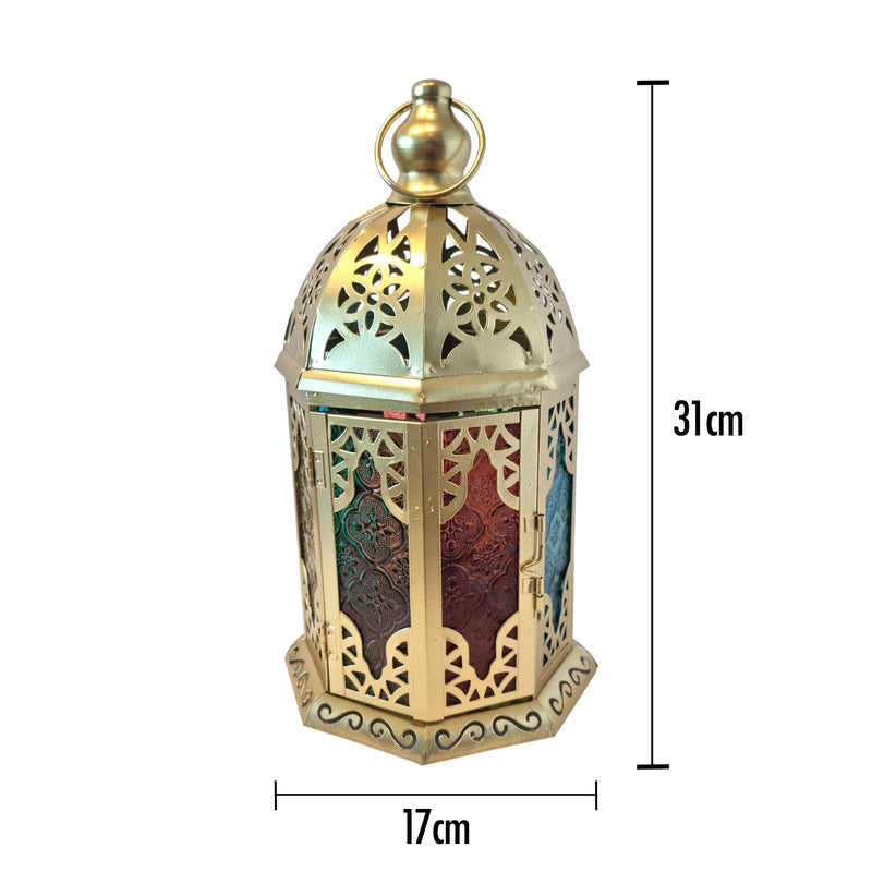 Antique Gold Metal & Multicolour Glass Tea Light Candle Lantern (L22-1)
