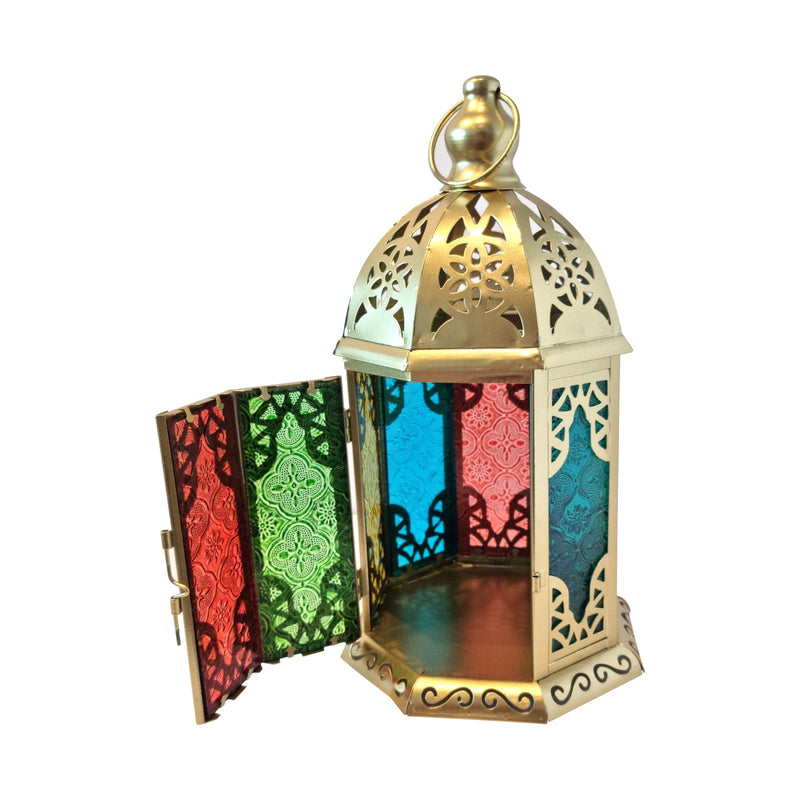 Antique Gold Metal & Multicolour Glass Tea Light Candle Lantern (L22-1)