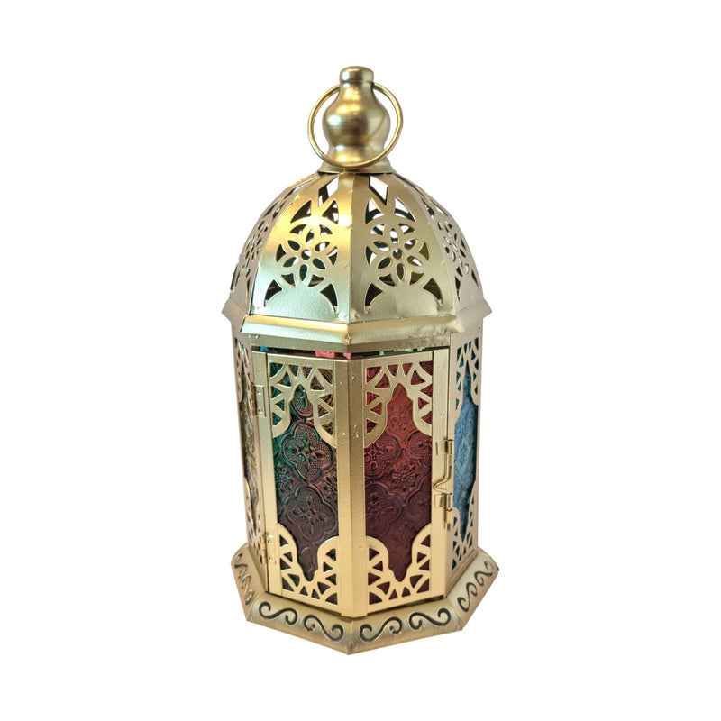 Antique Gold Metal & Multicolour Glass Tea Light Candle Lantern (L22-1)