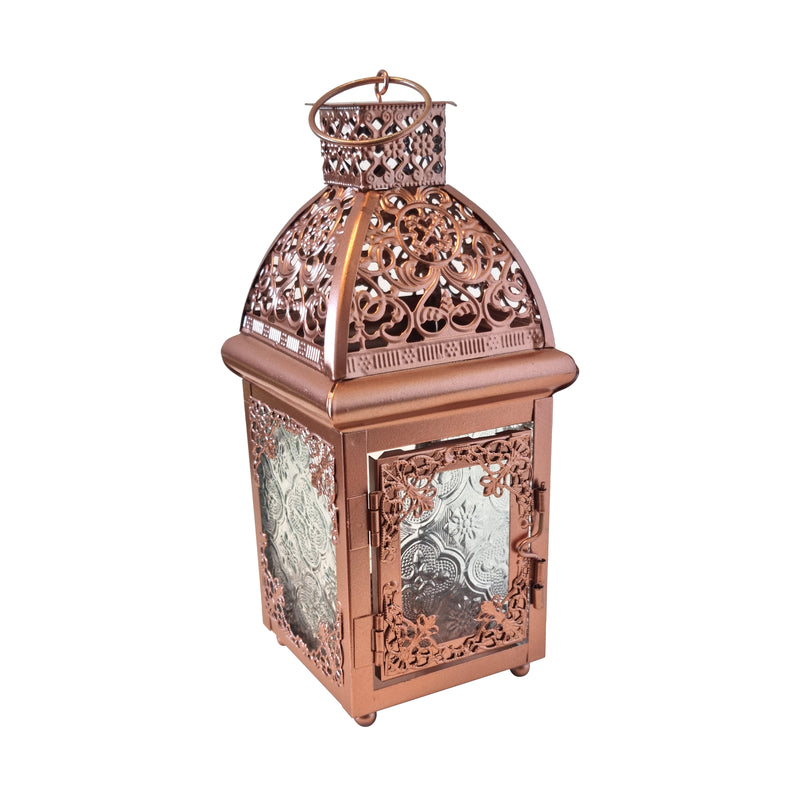 Antique Rose Gold Metal & Glass Tea Light Candle Lantern (L22-20)