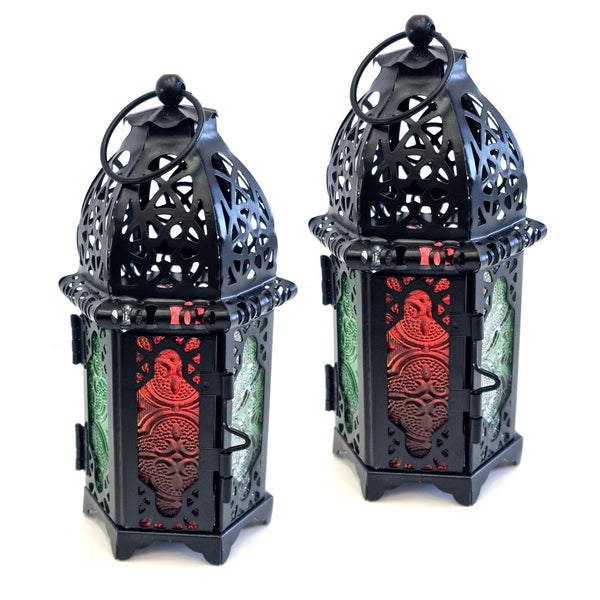 2 x Antique Black Metal & Multicolour Glass Tea Light Candle Lanterns (L22-24)