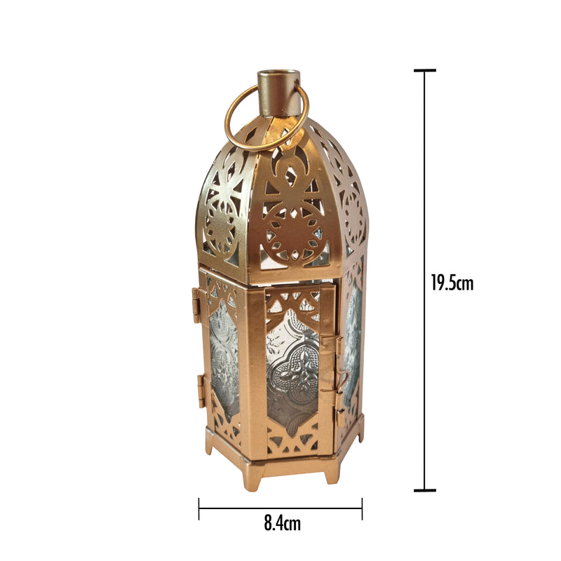2 x Antique Matte Gold Metal & Multicolour Glass Tea Light Candle Lanterns (L22-19)