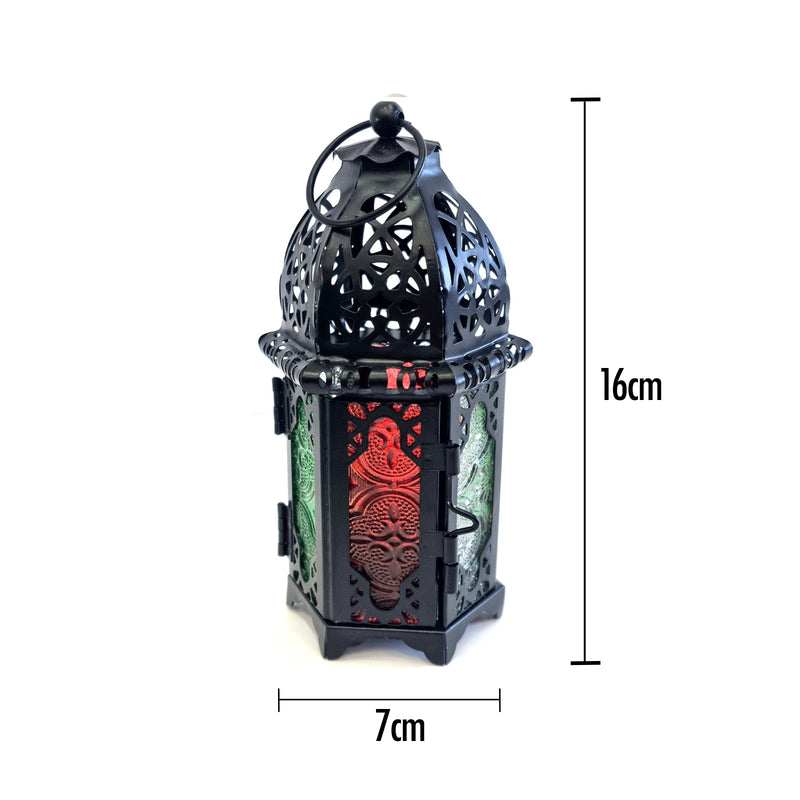 2 x Antique Black Metal & Multicolour Glass Tea Light Candle Lanterns (L22-24)