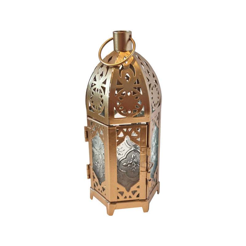 2 x Antique Matte Gold Metal & Multicolour Glass Tea Light Candle Lanterns (L22-19)