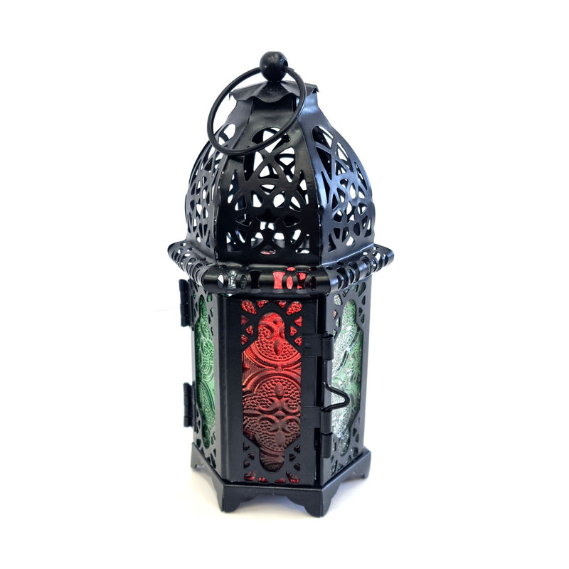 2 x Antique Black Metal & Multicolour Glass Tea Light Candle Lanterns (L22-24)