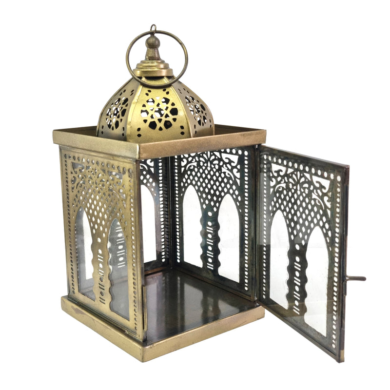 Antique Matte Gold Metal & Glass Tea Light Candle Lantern (L22-26)