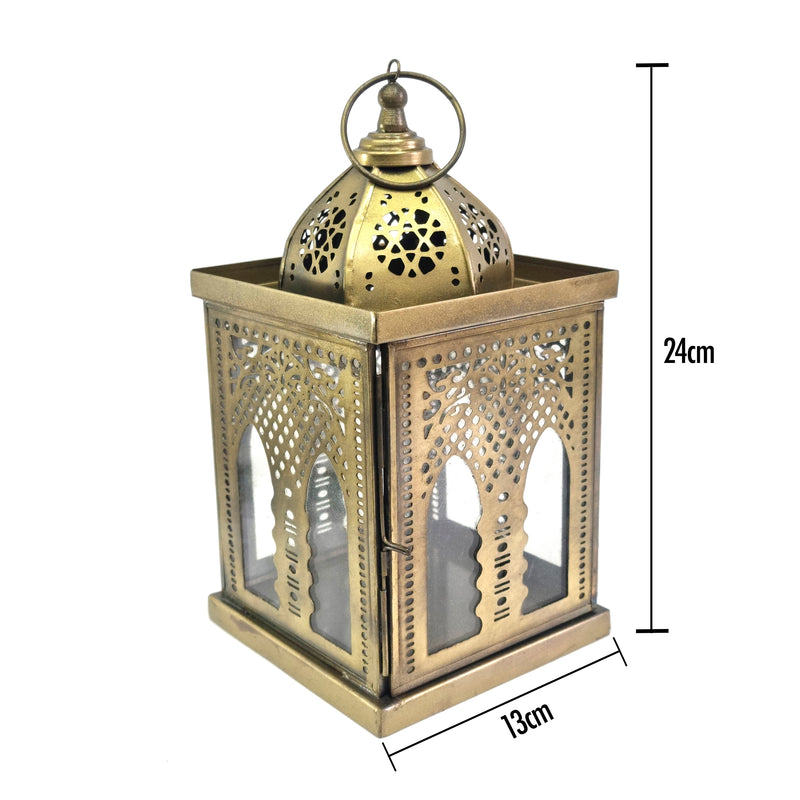 Antique Matte Gold Metal & Glass Tea Light Candle Lantern (L22-26)