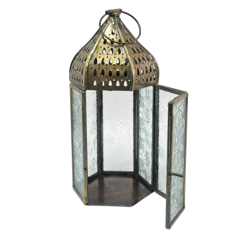2 x Antique Matte Gold Metal & Glass Tea Light Candle Lantern (L22-28)