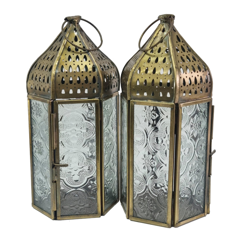 2 x Antique Matte Gold Metal & Glass Tea Light Candle Lantern (L22-28)