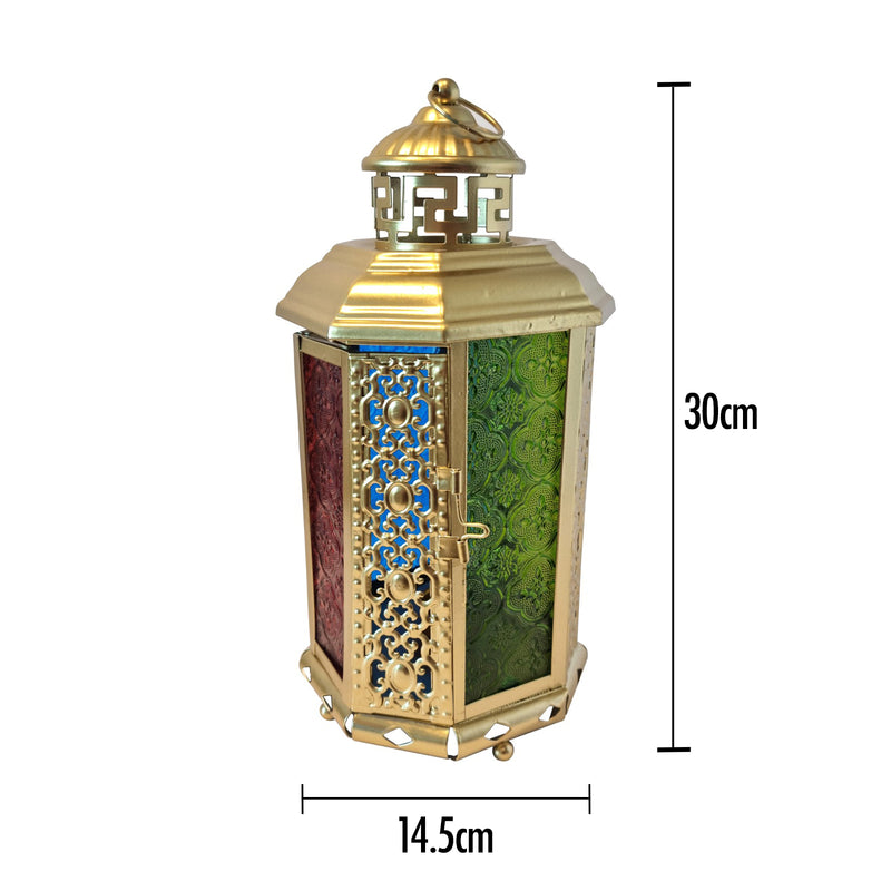 Antique Gold Metal & Multicolour Glass Tea Light Candle Lantern (L22-2)