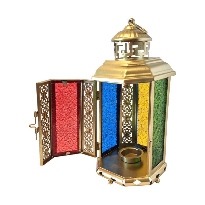 Antique Gold Metal & Multicolour Glass Tea Light Candle Lantern (L22-2)