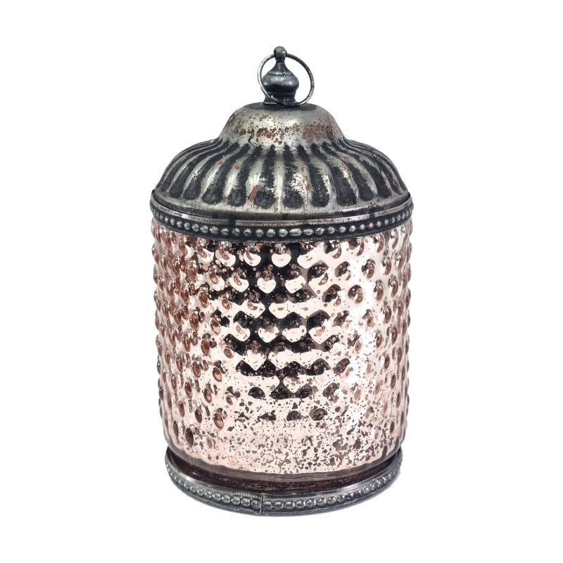 Pale Copper Crosshatch Pattern Glass LED Lantern Candle (L22-32)