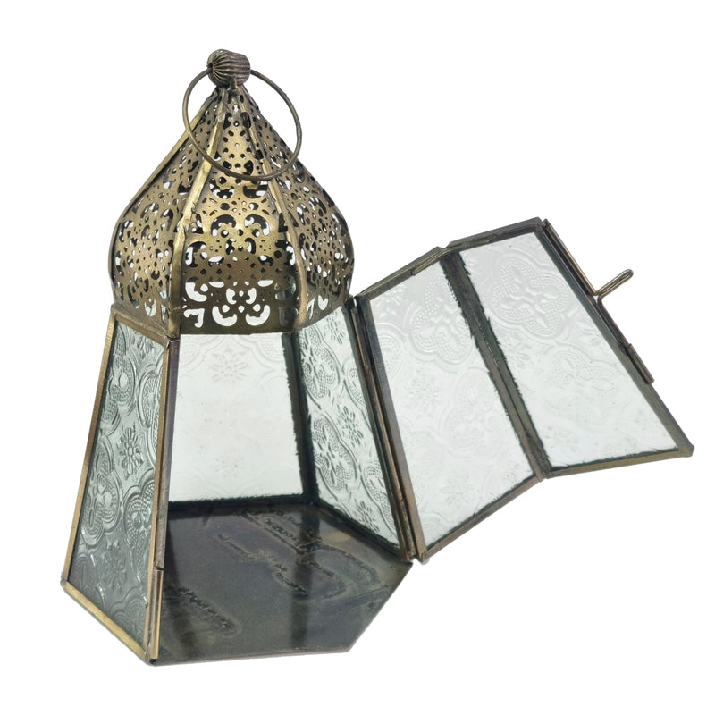 2 x Antique Matte Gold Metal & Glass Tea Light Candle Lantern (L22-33)