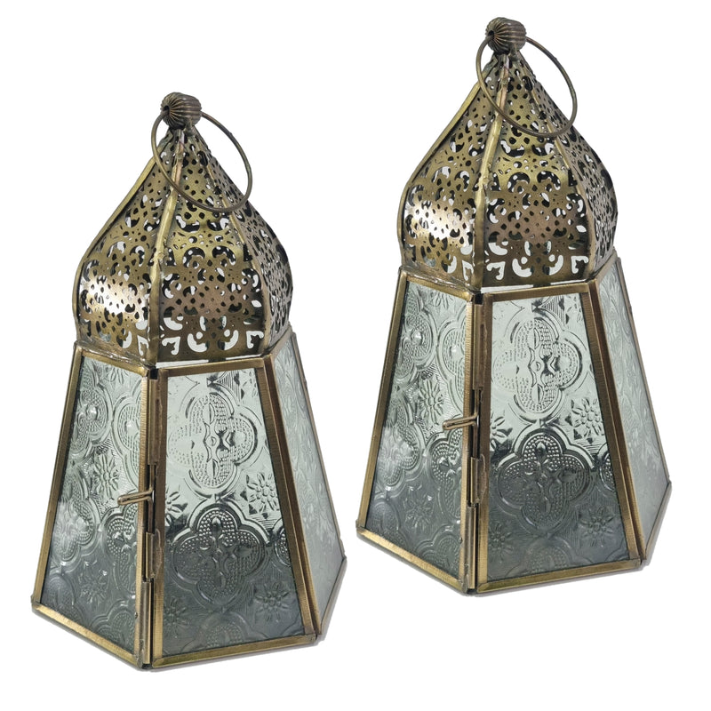 2 x Antique Matte Gold Metal & Glass Tea Light Candle Lantern (L22-33)
