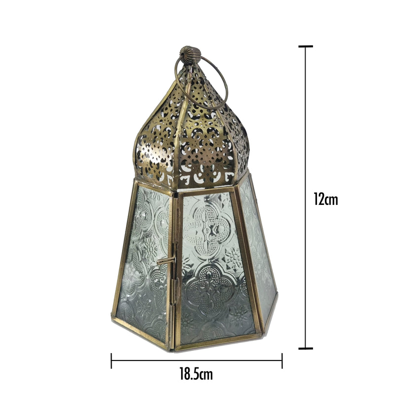 2 x Antique Matte Gold Metal & Glass Tea Light Candle Lantern (L22-33)