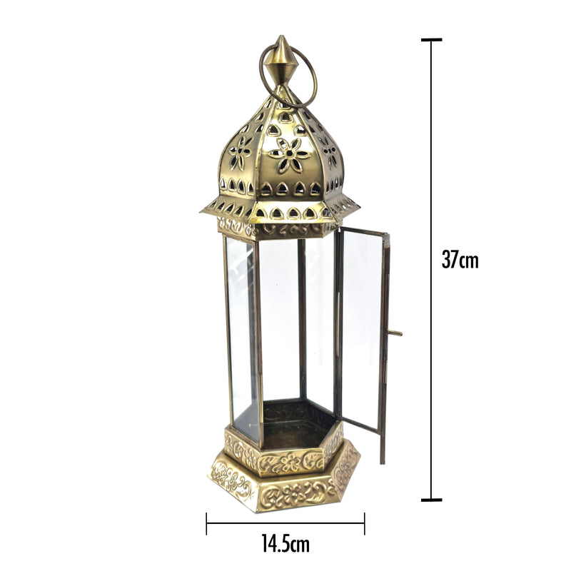 XL Antique Matte Gold Metal & Glass Tea Light Candle Lantern (L22-34)