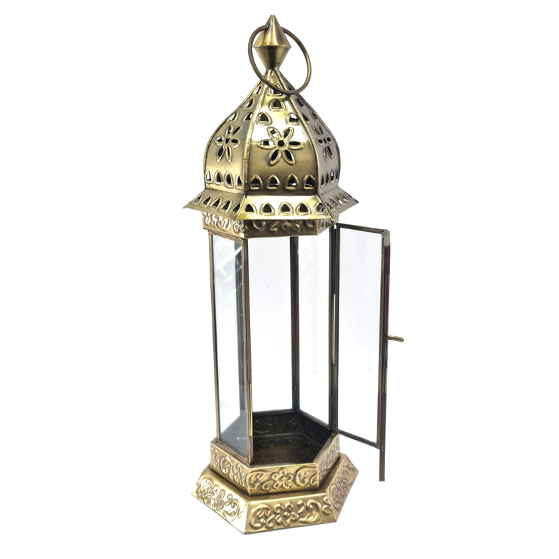 XL Antique Matte Gold Metal & Glass Tea Light Candle Lantern (L22-34)