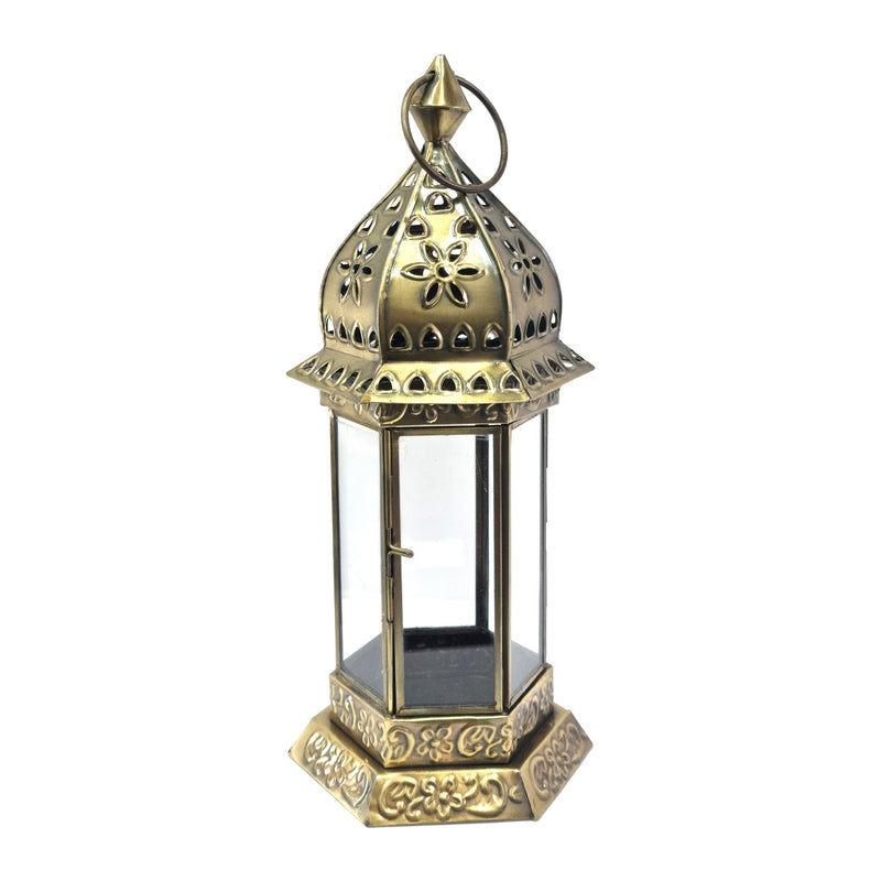Large Antique Matte Gold Metal & Glass Tea Light Candle Lantern (L22-35)