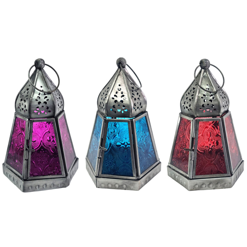 3 x Antique Iron Metal & Coloured Glass Tea Light Candle Lanterns (L22-38)