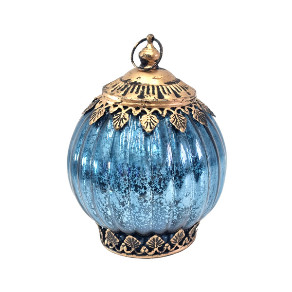 Copper & Blue Patterned Glass LED Lantern Candle (L22-41)