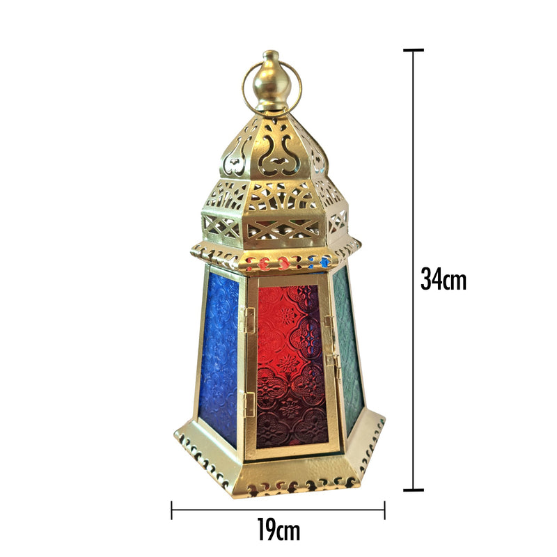 X - Large Antique Gold Metal & Multicolour Glass Tea Light Candle Lantern (L22-5)