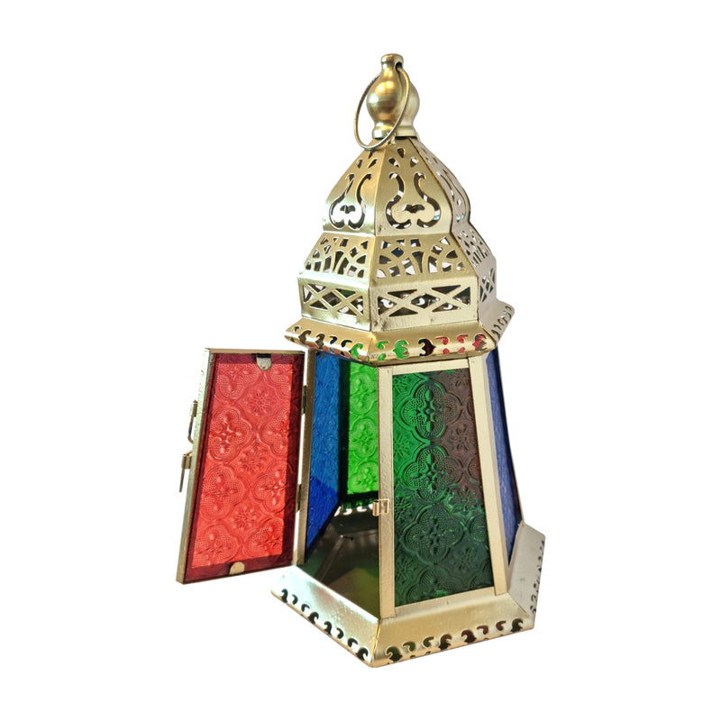 X - Large Antique Gold Metal & Multicolour Glass Tea Light Candle Lantern (L22-5)
