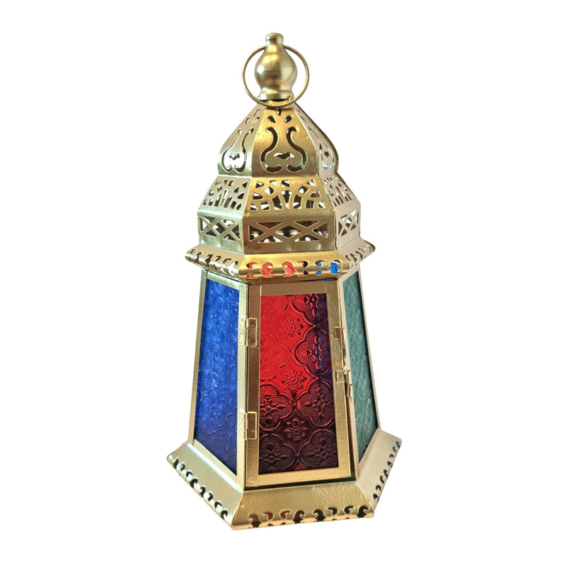 X - Large Antique Gold Metal & Multicolour Glass Tea Light Candle Lantern (L22-5)
