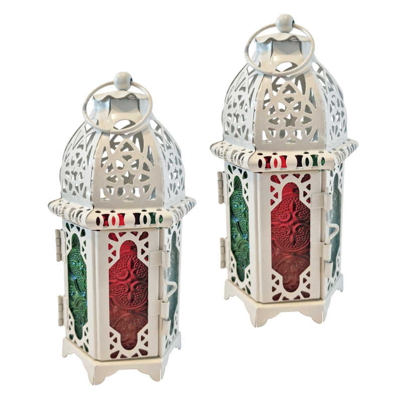 2 x Antique White Metal & Multicolour Glass Tea Light Candle Lanterns (L22-8)