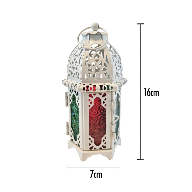 2 x Antique White Metal & Multicolour Glass Tea Light Candle Lanterns (L22-8)