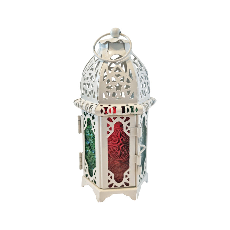 2 x Antique White Metal & Multicolour Glass Tea Light Candle Lanterns (L22-8)