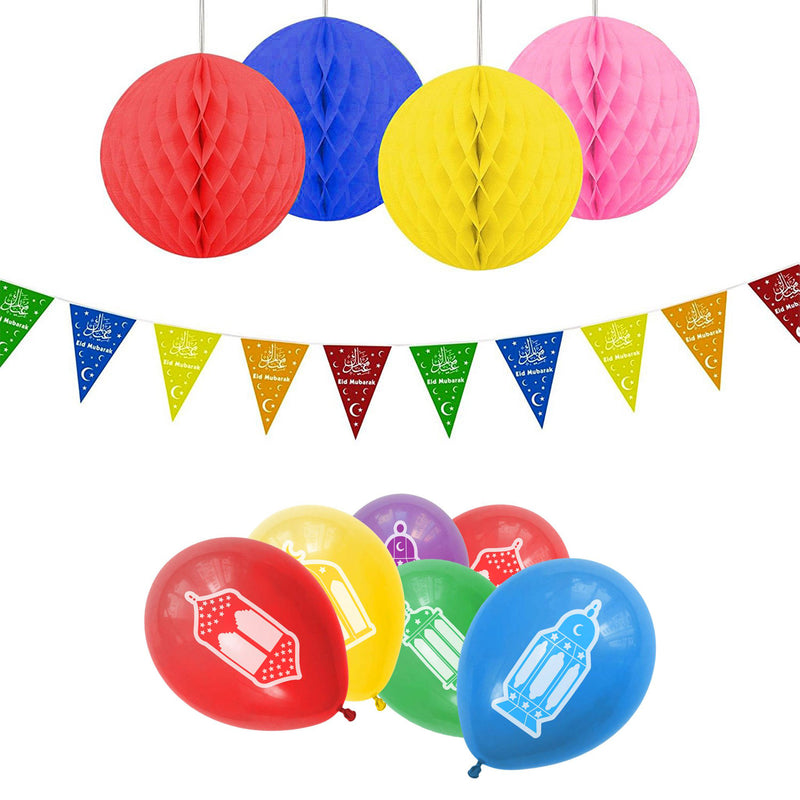 Eid Lantern Multicolour Balloons, Bunting & Hanging Honeycomb Balls Party Set