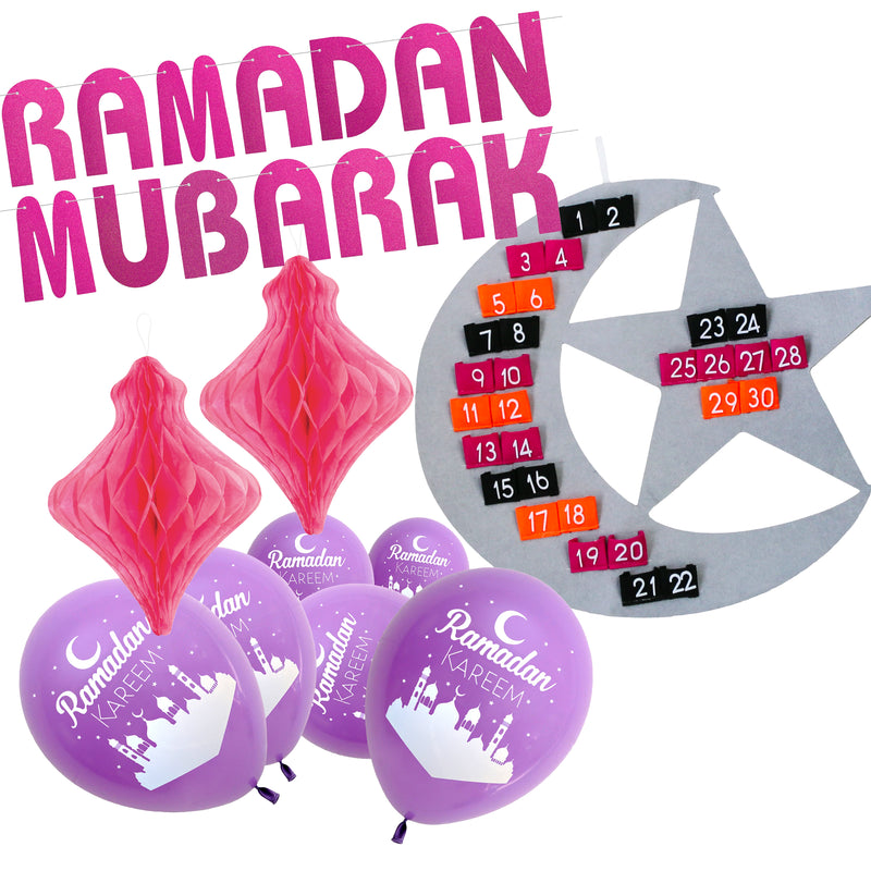 Crescent Moon Ramadan Calendar, Pink Bunting, Paper Lanterns & Balloons Decoration Set