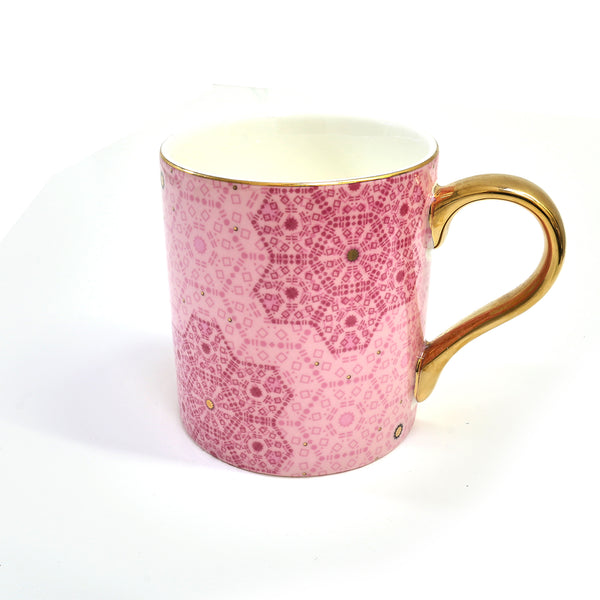 Mandala Style Ceramic Mug With Gold Handle - Pink (M23-21)