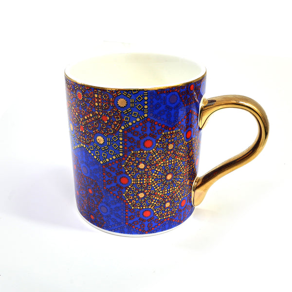 Mandala Style Ceramic Mug With Gold Handle - Blue (M23-22)
