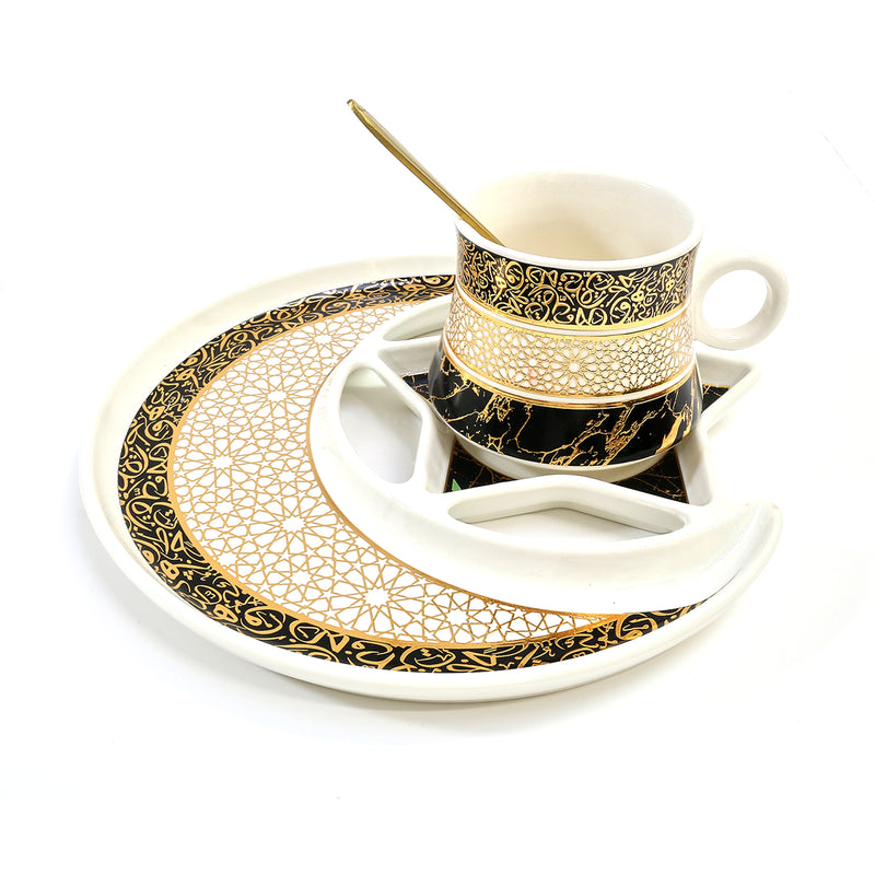 Ceramic Cup & Moon Shaped Saucer - Black, White & Gold (M23-26)