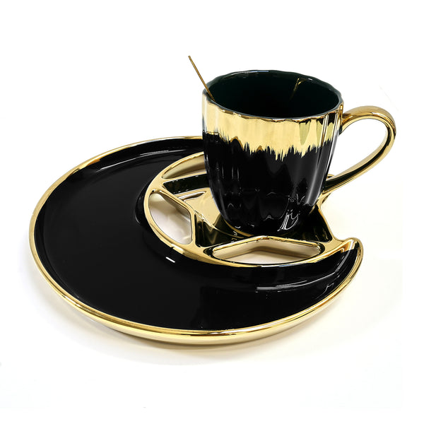 Ceramic Cup & Moon Shaped Saucer - Black & Gold (M23-36)