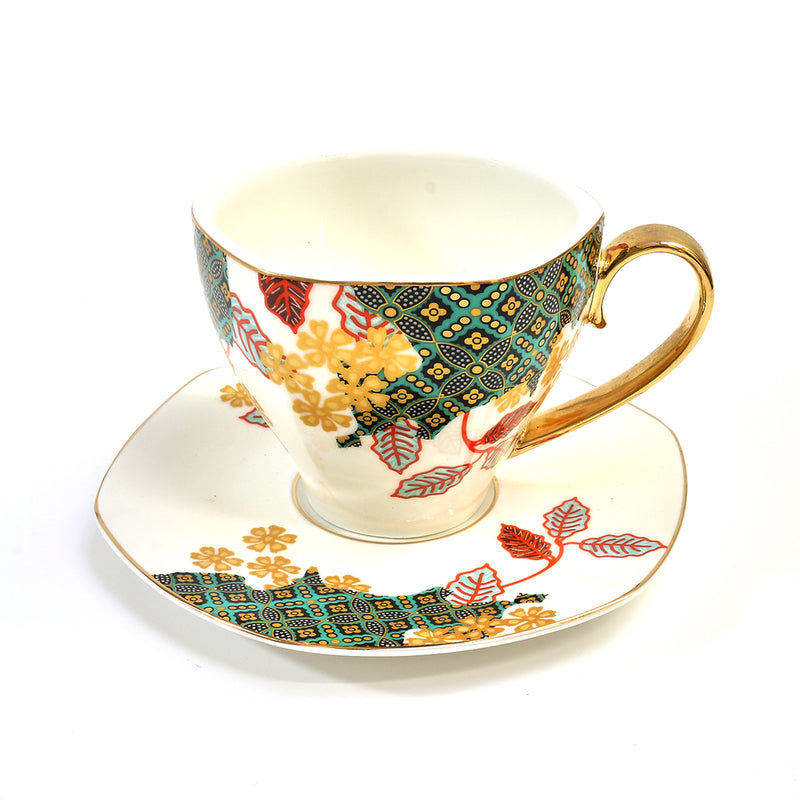 Floral Style Ceramic Hexagonal Mug & Dish Set