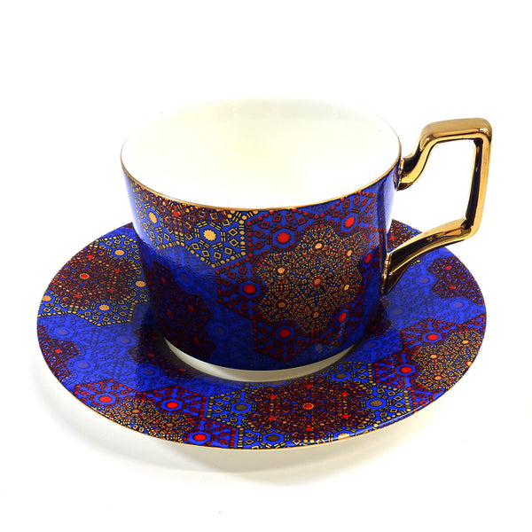 Hexagonal Mandala Style Ceramic Mug & Dish Set With Gold Handle - Blue (M23-5)