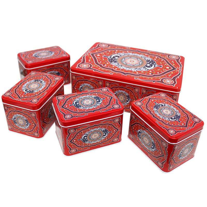 Set of 5 Red Moon & Star Rectangle Small & Large Treat Tins
