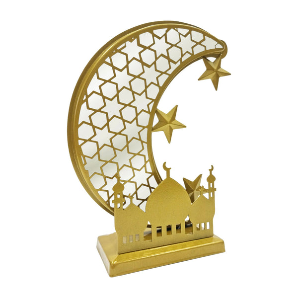 Matte Gold Metal Mirrored Crescent Moon Table Centrepiece - Honeycomb Stars Cutouts