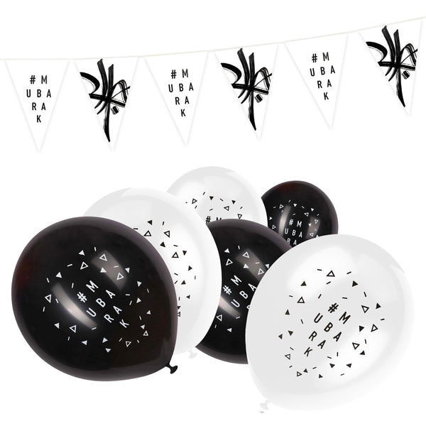 Monochrome #Mubarak Balloons & Paper Triangle Bunting Decoration Set