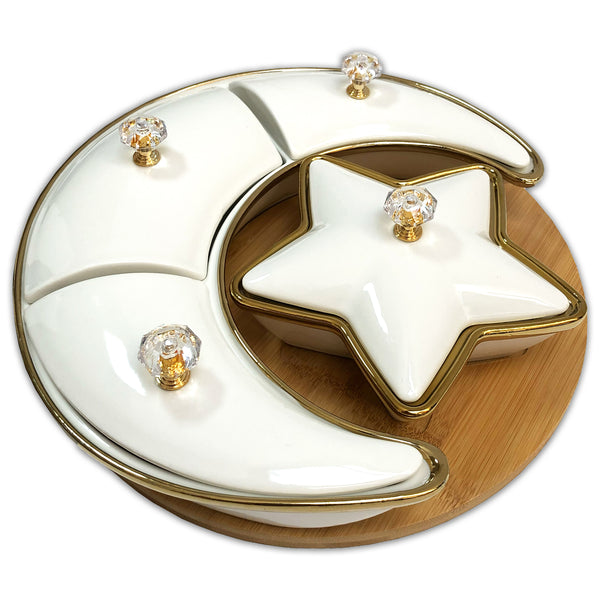 White & Natural Wood Ceramic Crescent Moon & Star Divided Snack/Treat Serving Dish